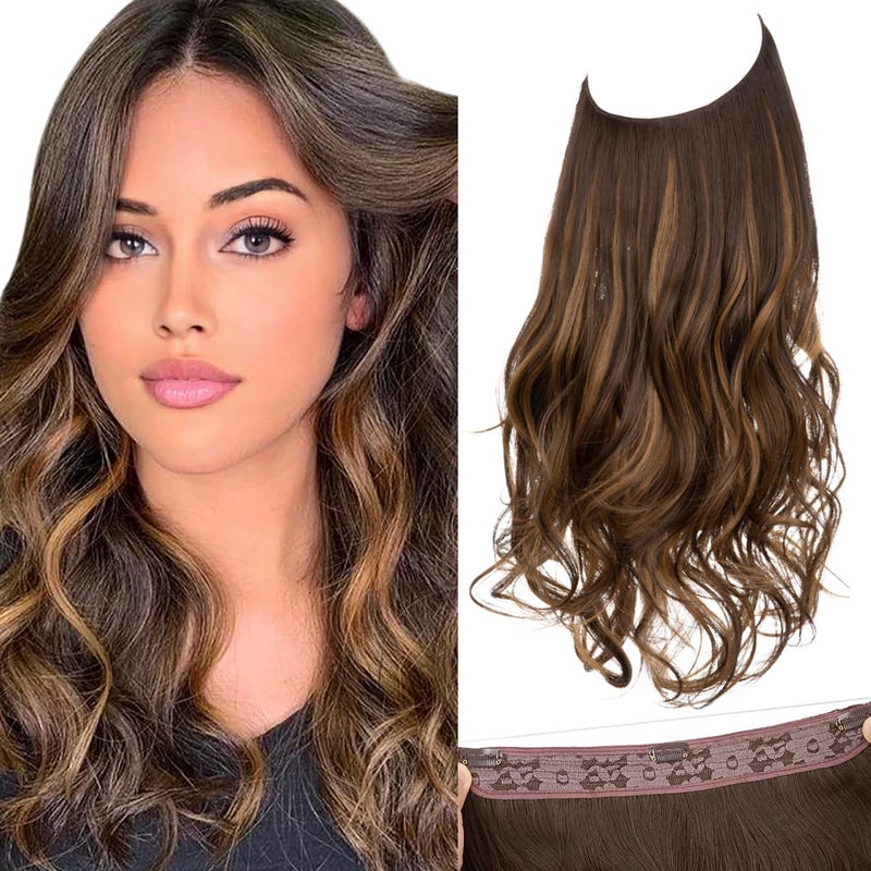 SARLA Invisible Wire Hair Extensions with 3 Clips Synthetic Wavy Curly Hairpiece Adjustable Transparent Headband for Women 16 Inch Dark Brown/Golden Blonde Highlights - Image 1